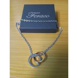 Feraco Interlocking Double Ring Pendant Necklace Two Tone Silver Rose Gold Box